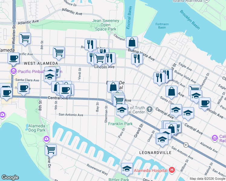 map of restaurants, bars, coffee shops, grocery stores, and more near in Alameda