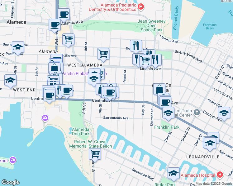 map of restaurants, bars, coffee shops, grocery stores, and more near 1001 Central Avenue in Alameda