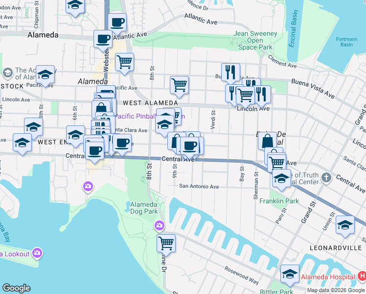 map of restaurants, bars, coffee shops, grocery stores, and more near 923 Central Avenue in Alameda