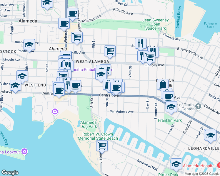 map of restaurants, bars, coffee shops, grocery stores, and more near 923 Central Avenue in Alameda