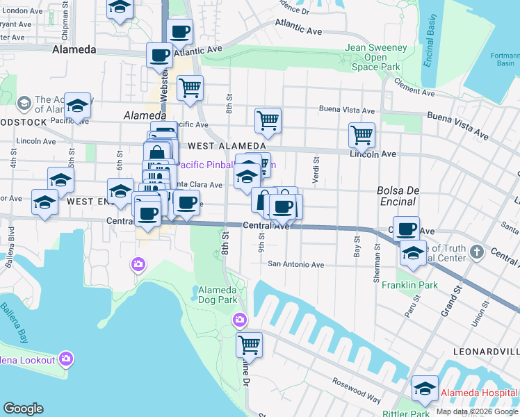 map of restaurants, bars, coffee shops, grocery stores, and more near 845 Central Avenue in Alameda