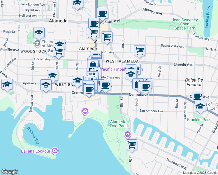 map of restaurants, bars, coffee shops, grocery stores, and more near 765 Central Avenue in Alameda
