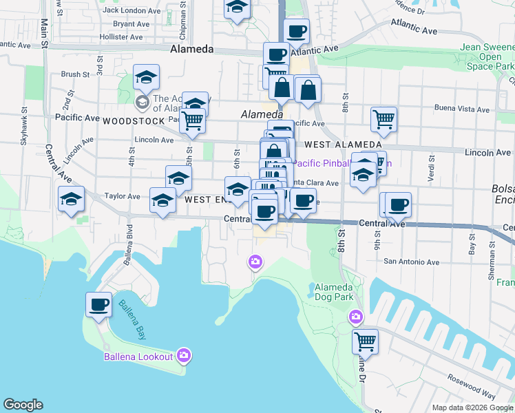 map of restaurants, bars, coffee shops, grocery stores, and more near 621 Central Avenue in Alameda