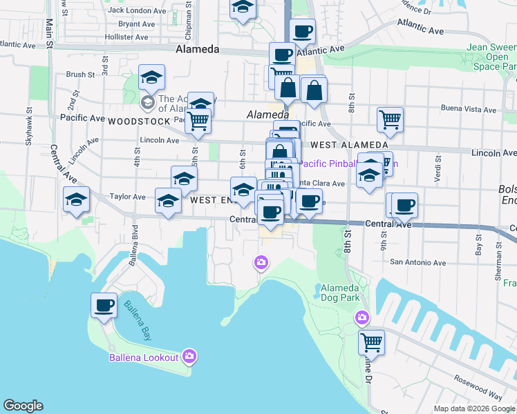 map of restaurants, bars, coffee shops, grocery stores, and more near 621 Central Avenue in Alameda
