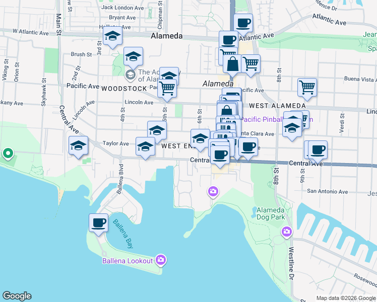 map of restaurants, bars, coffee shops, grocery stores, and more near 555 Central Avenue in Alameda