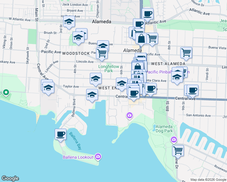 map of restaurants, bars, coffee shops, grocery stores, and more near 555 Central Avenue in Alameda