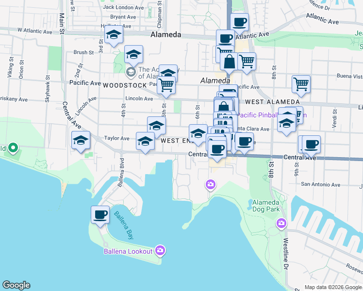 map of restaurants, bars, coffee shops, grocery stores, and more near 516 Central Avenue in Alameda