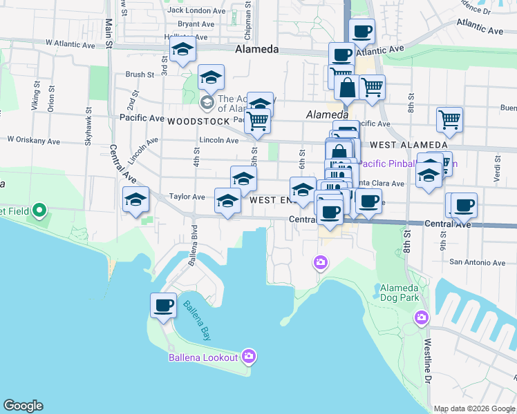 map of restaurants, bars, coffee shops, grocery stores, and more near 516 Central Avenue in Alameda