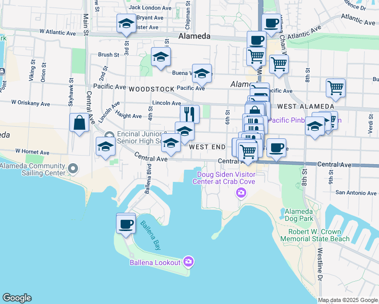 map of restaurants, bars, coffee shops, grocery stores, and more near in Alameda