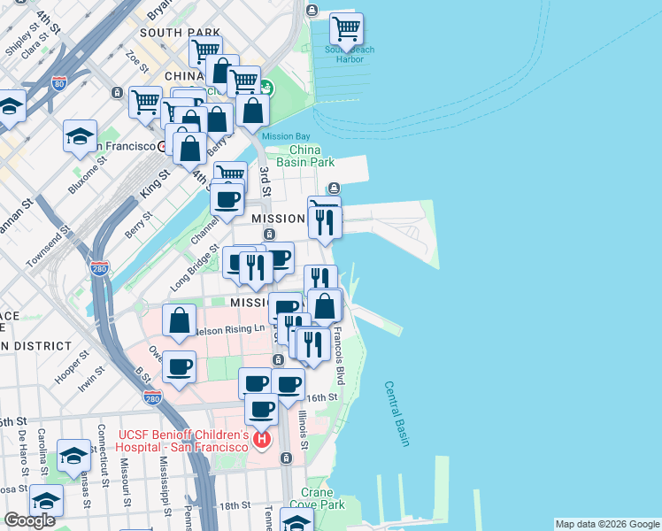 map of restaurants, bars, coffee shops, grocery stores, and more near 679 Terry A Francois Boulevard in San Francisco