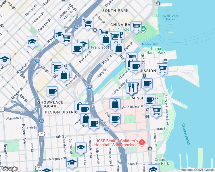 map of restaurants, bars, coffee shops, grocery stores, and more near 385 Channel Street in San Francisco