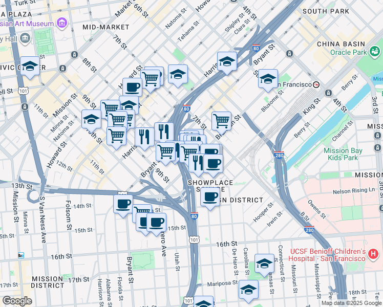 map of restaurants, bars, coffee shops, grocery stores, and more near 888 Brannan Street in San Francisco