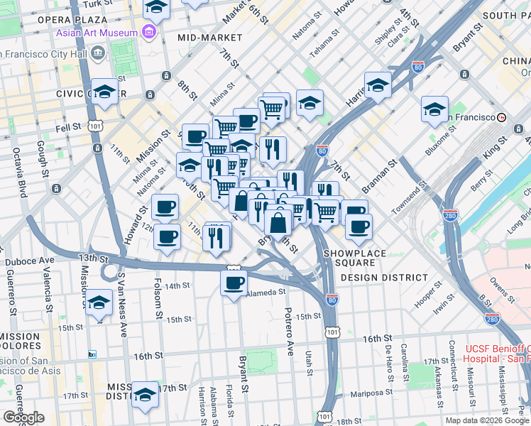 map of restaurants, bars, coffee shops, grocery stores, and more near 480 9th Street in San Francisco