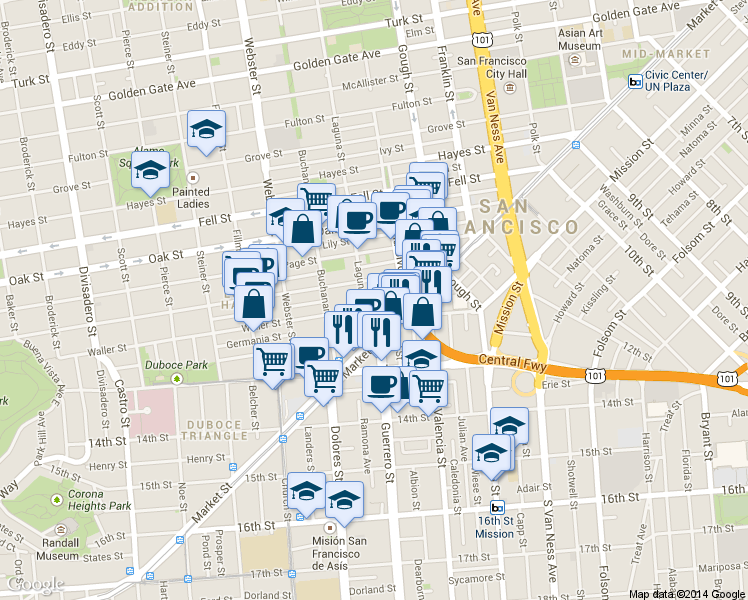 map of restaurants, bars, coffee shops, grocery stores, and more near 75 Laguna Street in San Francisco