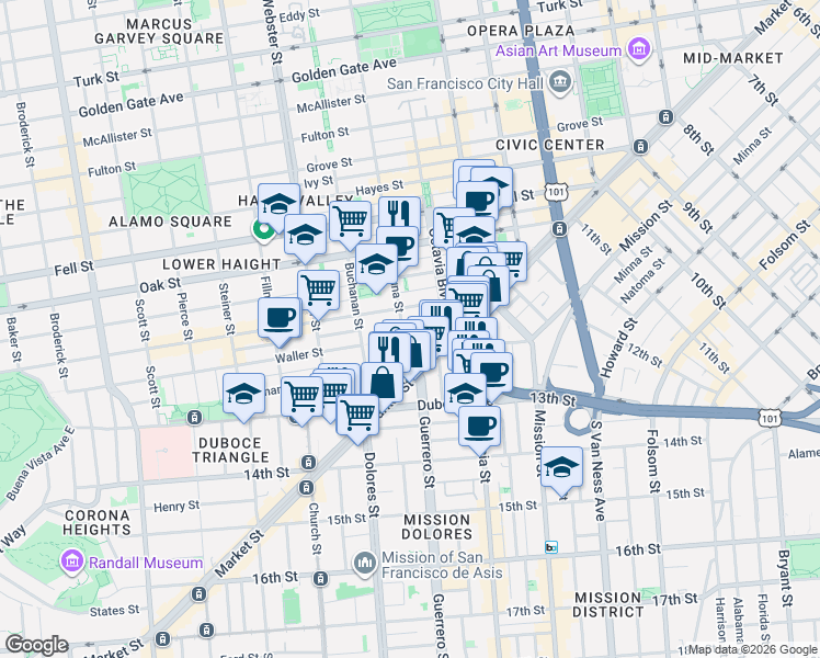 map of restaurants, bars, coffee shops, grocery stores, and more near 75 Laguna Street in San Francisco