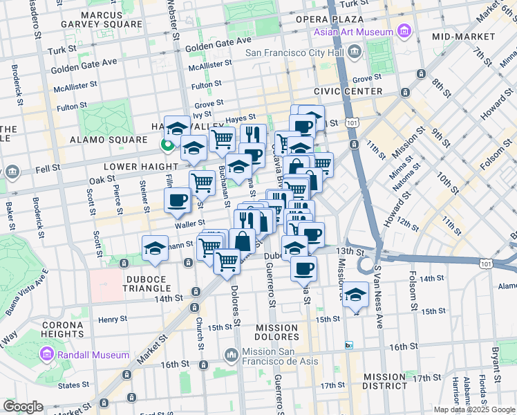 map of restaurants, bars, coffee shops, grocery stores, and more near 75 Laguna Street in San Francisco