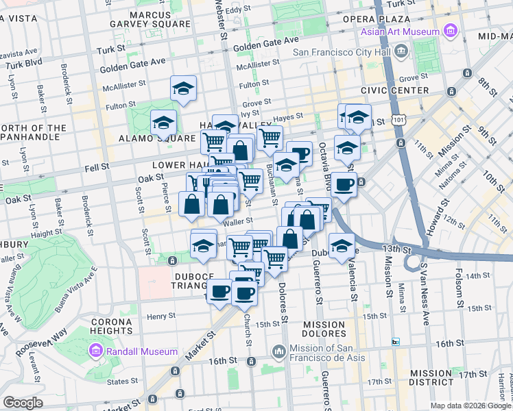map of restaurants, bars, coffee shops, grocery stores, and more near 100 Webster Street in San Francisco
