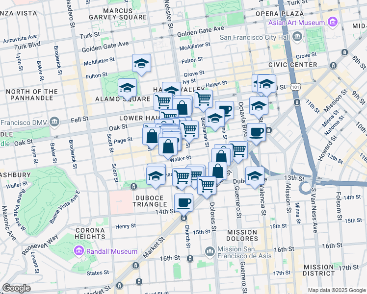 map of restaurants, bars, coffee shops, grocery stores, and more near 100 Webster Street in San Francisco