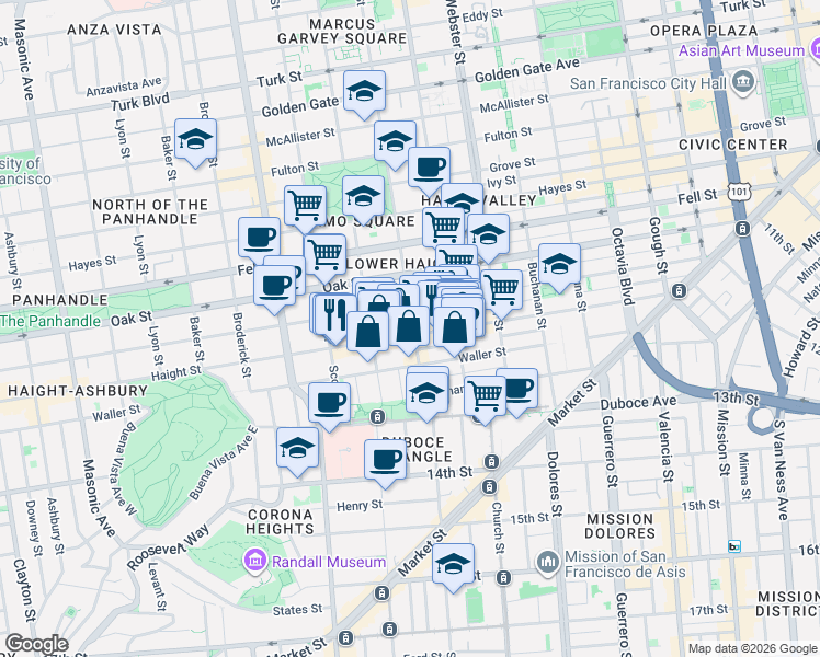 map of restaurants, bars, coffee shops, grocery stores, and more near 659 Haight Street in San Francisco