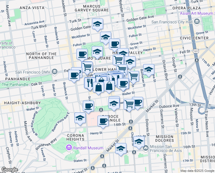 map of restaurants, bars, coffee shops, grocery stores, and more near 659 Haight Street in San Francisco