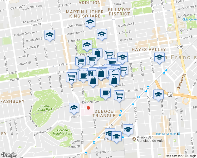 map of restaurants, bars, coffee shops, grocery stores, and more near 659 Haight Street in San Francisco