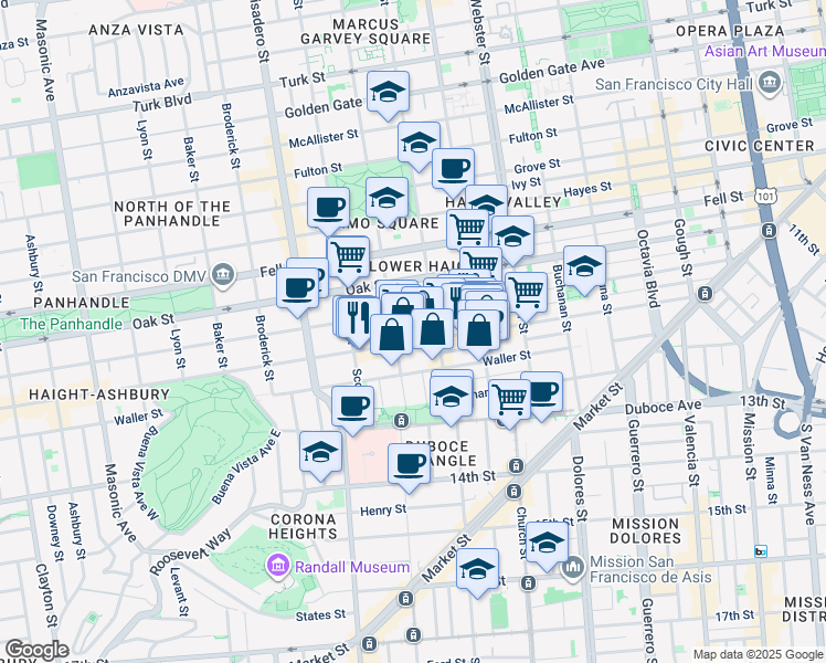 map of restaurants, bars, coffee shops, grocery stores, and more near 659 Haight Street in San Francisco