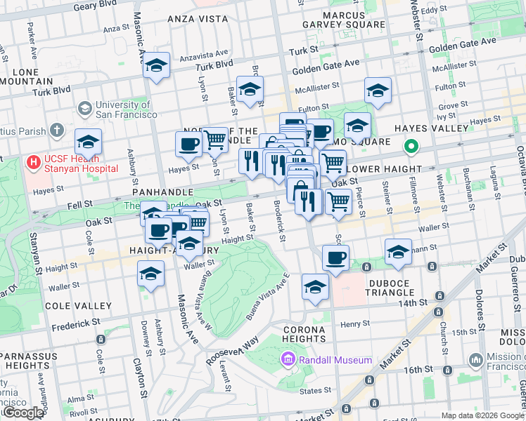 map of restaurants, bars, coffee shops, grocery stores, and more near 52 Baker Street in San Francisco