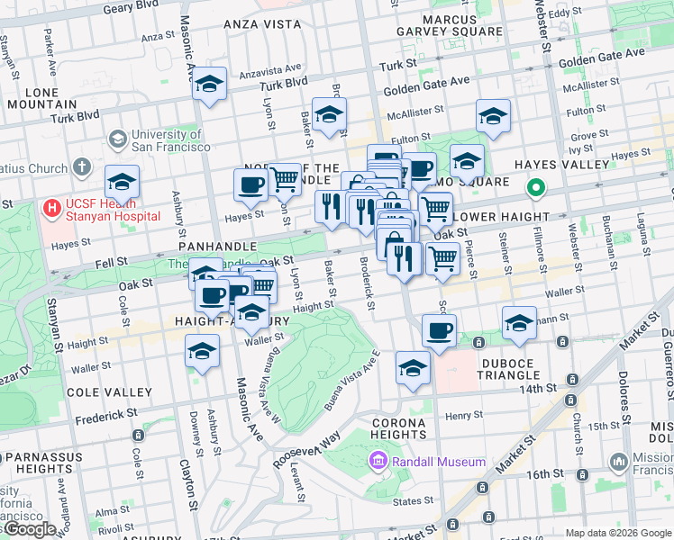 map of restaurants, bars, coffee shops, grocery stores, and more near 52 Baker Street in San Francisco