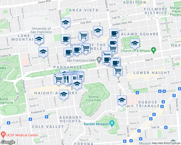 map of restaurants, bars, coffee shops, grocery stores, and more near 111 Lyon Street in San Francisco