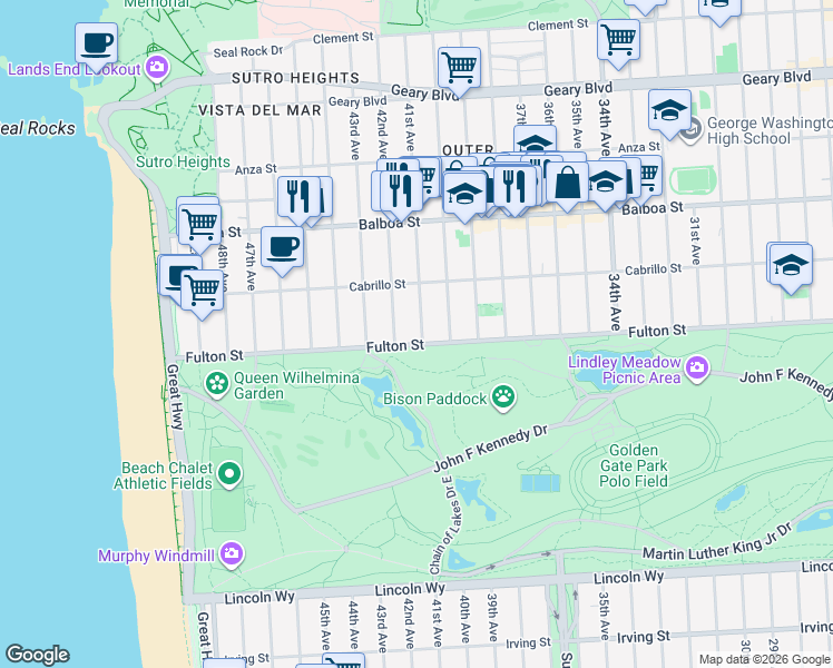 map of restaurants, bars, coffee shops, grocery stores, and more near 6500 Fulton Street in San Francisco