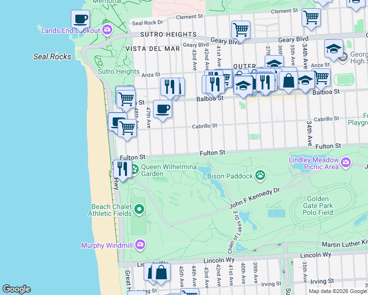 map of restaurants, bars, coffee shops, grocery stores, and more near 6836 Fulton Street in San Francisco