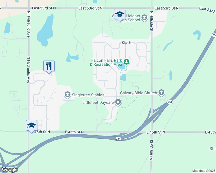 map of restaurants, bars, coffee shops, grocery stores, and more near 2620 East Mantane Street in Wichita