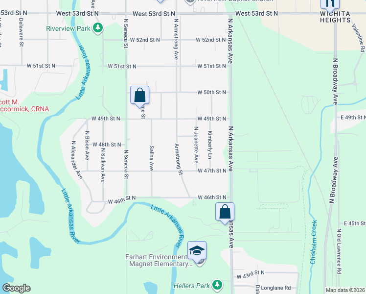 map of restaurants, bars, coffee shops, grocery stores, and more near 4845 North Jeanette Avenue in Wichita