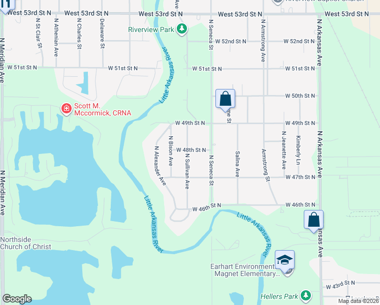 map of restaurants, bars, coffee shops, grocery stores, and more near 4840-4844 North Sullivan Street in Wichita