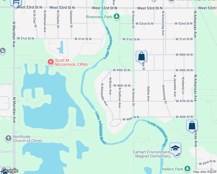 map of restaurants, bars, coffee shops, grocery stores, and more near 4836 Bison Street in Wichita