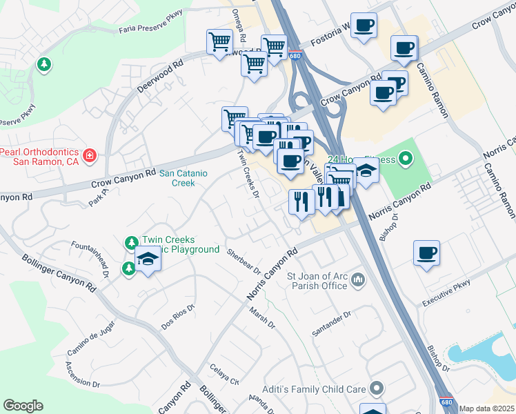map of restaurants, bars, coffee shops, grocery stores, and more near 2571 Twin Creeks Drive in San Ramon