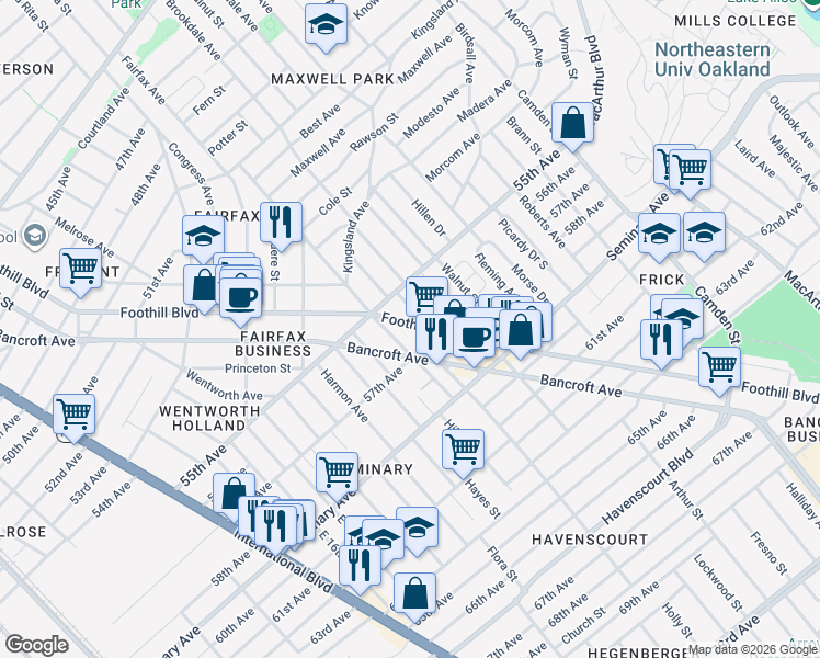 map of restaurants, bars, coffee shops, grocery stores, and more near 5609 Foothill Boulevard in Oakland
