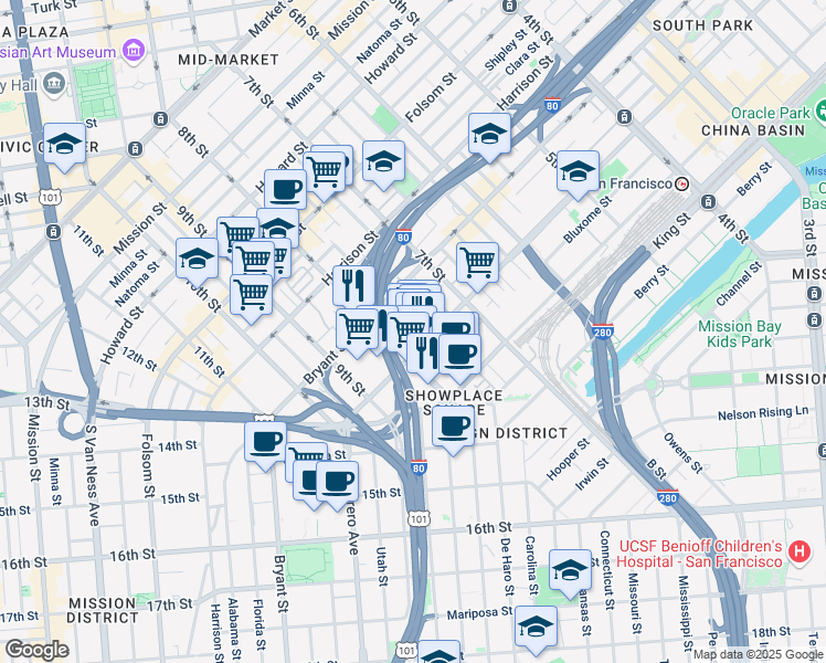 map of restaurants, bars, coffee shops, grocery stores, and more near 888 Brannan Street in San Francisco