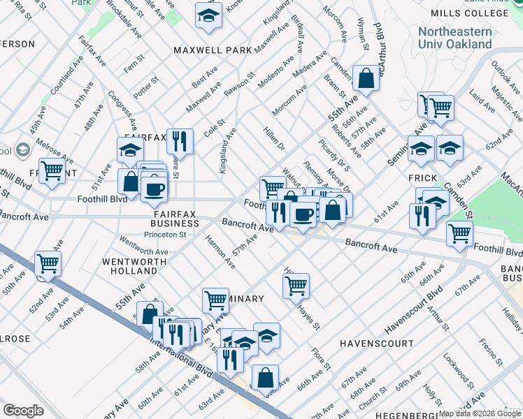 map of restaurants, bars, coffee shops, grocery stores, and more near 5609 Foothill Boulevard in Oakland