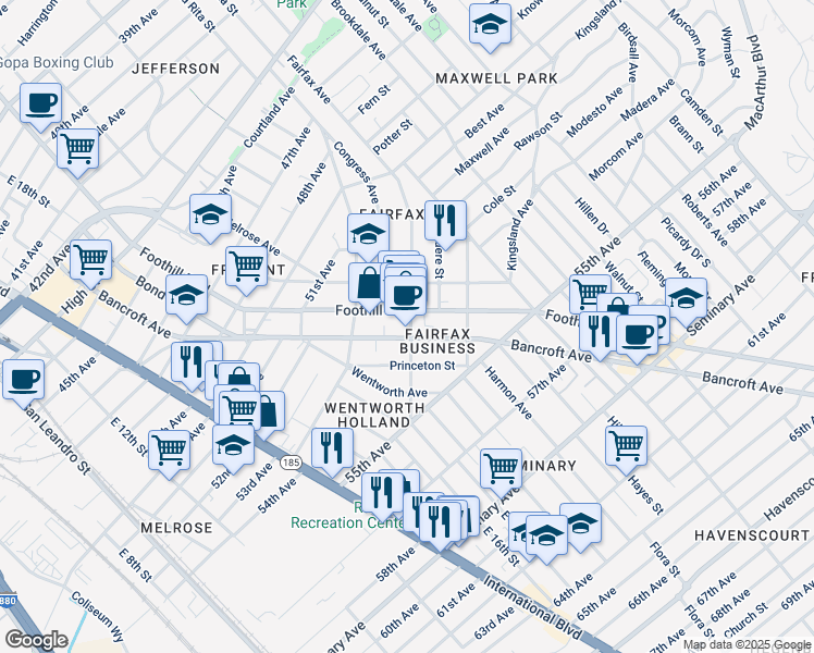 map of restaurants, bars, coffee shops, grocery stores, and more near 5323 Fairfax Avenue in Oakland