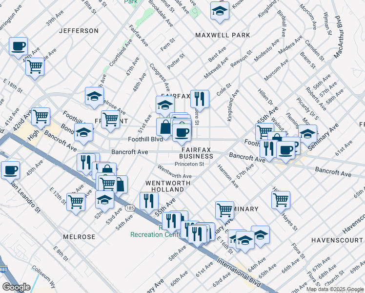 map of restaurants, bars, coffee shops, grocery stores, and more near 5323 Fairfax Avenue in Oakland