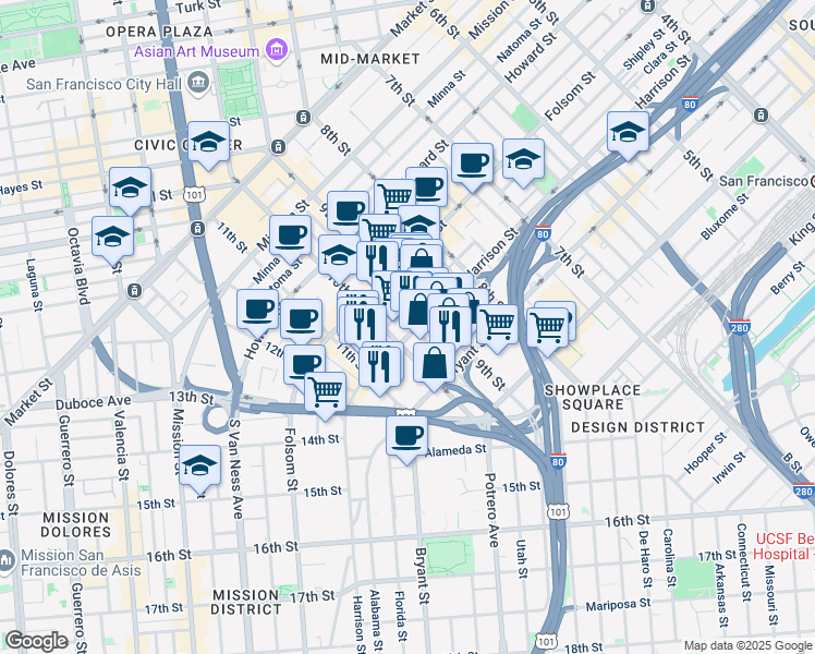 map of restaurants, bars, coffee shops, grocery stores, and more near 222 Dore Street in San Francisco