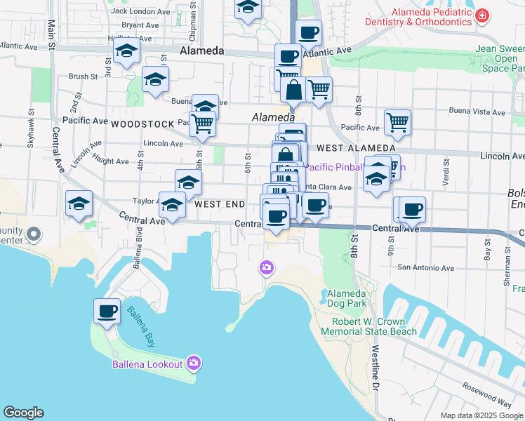 map of restaurants, bars, coffee shops, grocery stores, and more near 620 Taylor Avenue in Alameda