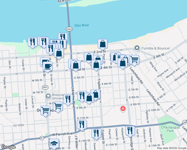 map of restaurants, bars, coffee shops, grocery stores, and more near 511 Bolivar Street in Owensboro