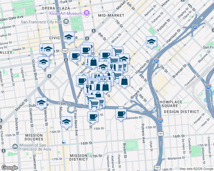 map of restaurants, bars, coffee shops, grocery stores, and more near 320 11th Street in San Francisco