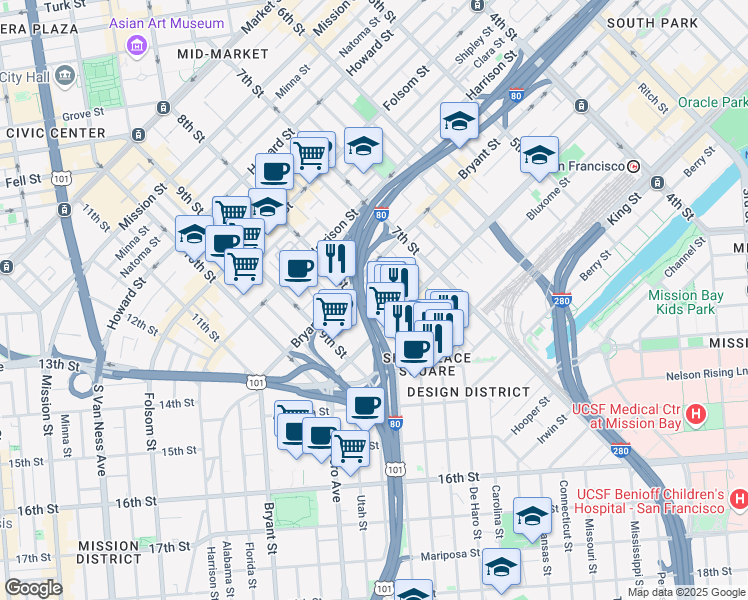 map of restaurants, bars, coffee shops, grocery stores, and more near 72 Decatur Street in San Francisco