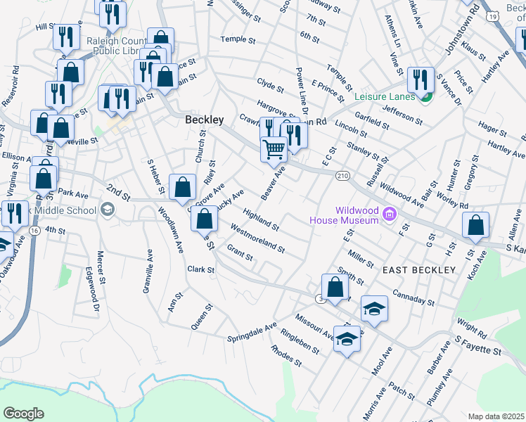 map of restaurants, bars, coffee shops, grocery stores, and more near 310 Highland Street in Beckley
