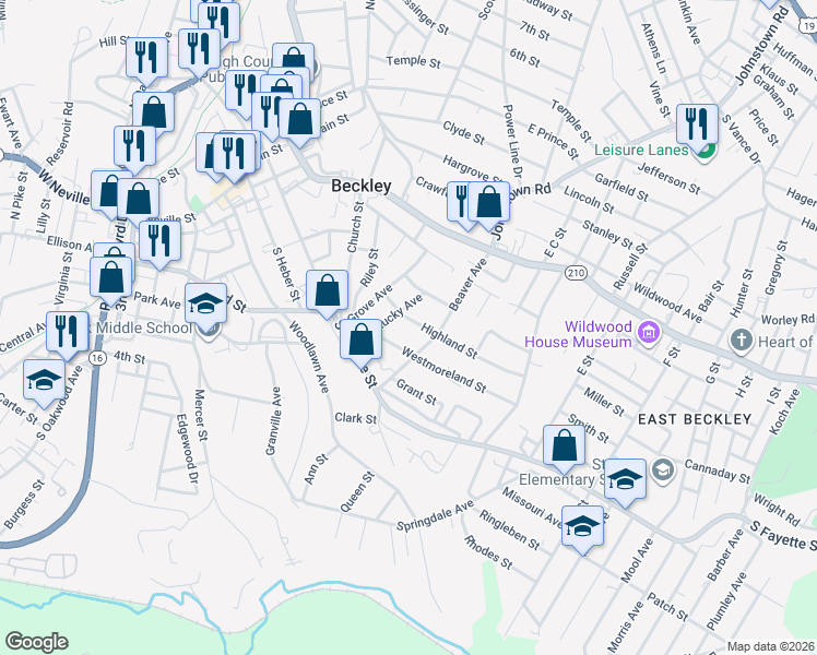 map of restaurants, bars, coffee shops, grocery stores, and more near 411 Westmoreland Street in Beckley