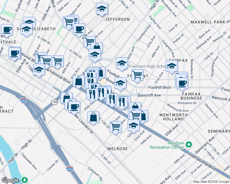 map of restaurants, bars, coffee shops, grocery stores, and more near 1436 46th Avenue in Oakland