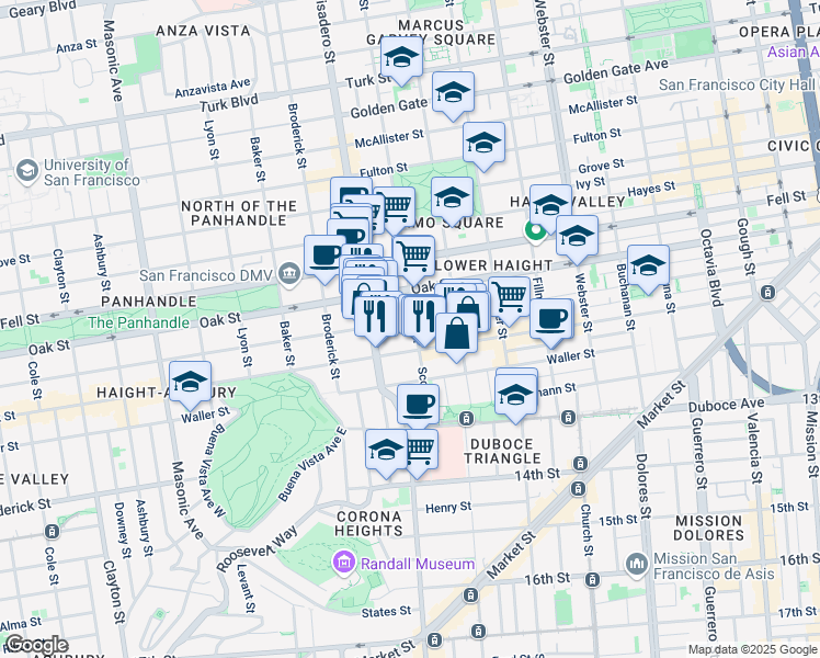 map of restaurants, bars, coffee shops, grocery stores, and more near 834 Haight Street in San Francisco